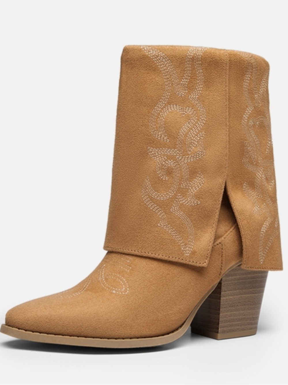 Dream Pairs Fold-Over Embroidered Cowgirl Boots in Tan